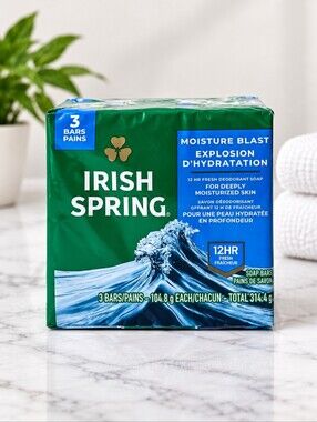 Irish Spring Moisture Blast Deodorant Soap 3 Bar Pack 12HR Fresh Sealed
